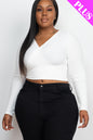 Plus Size Ribbed Wrap Front Long Sleeve Top - Capella Apparel