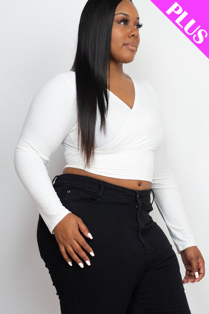 Plus Size Ribbed Wrap Front Long Sleeve Top - Capella Apparel