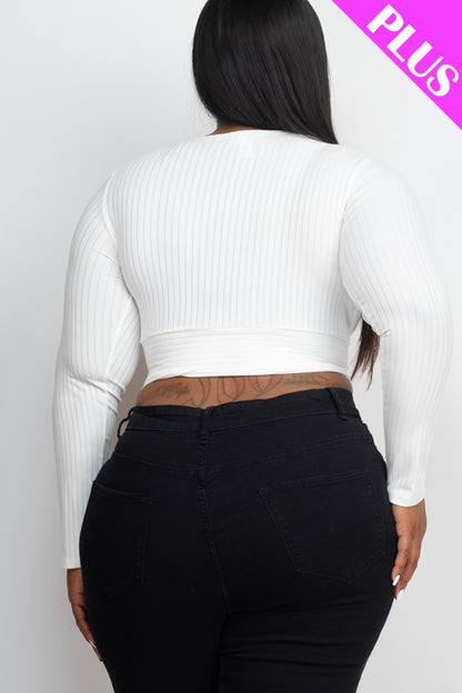 Plus Size Ribbed Wrap Front Long Sleeve Top - Capella Apparel