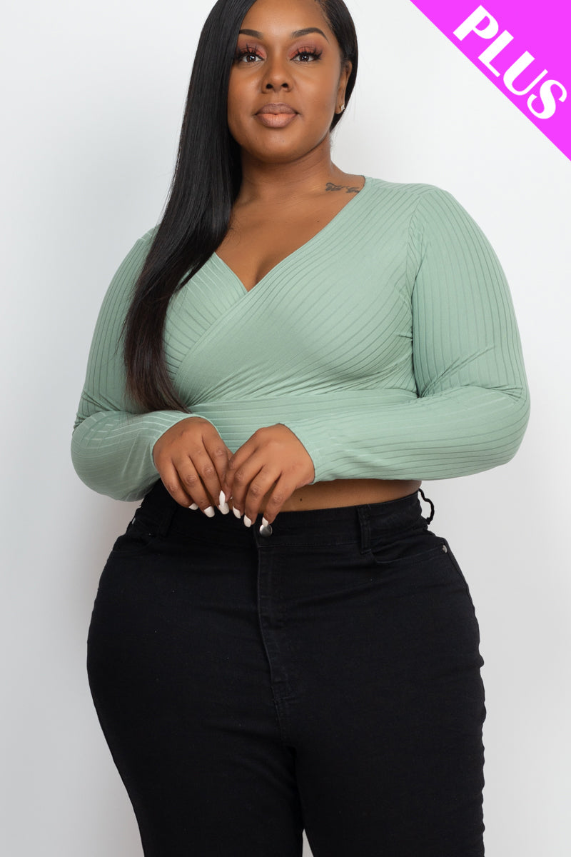 Plus Size Ribbed Wrap Front Long Sleeve Top - Capella Apparel