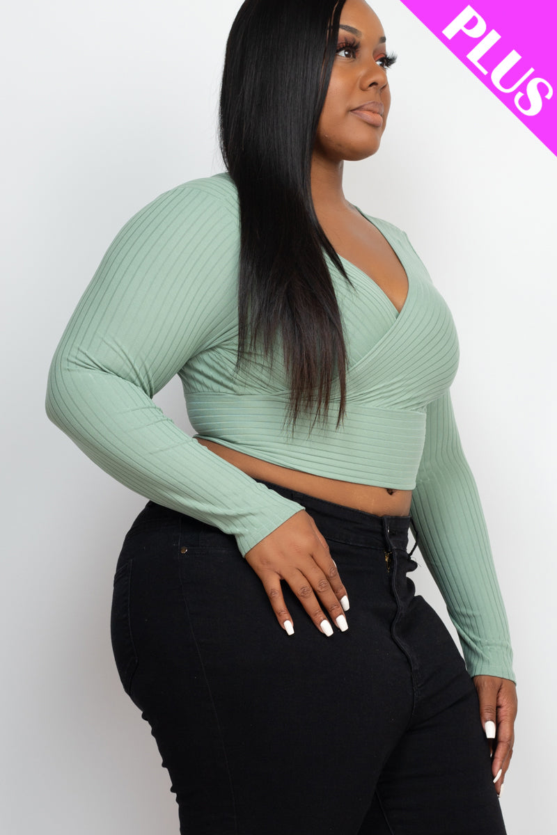Plus Size Ribbed Wrap Front Long Sleeve Top - Capella Apparel
