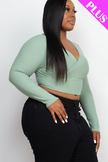 Plus Size Ribbed Wrap Front Long Sleeve Top - Capella Apparel