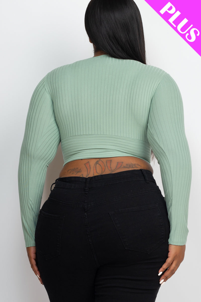 Plus Size Ribbed Wrap Front Long Sleeve Top - Capella Apparel