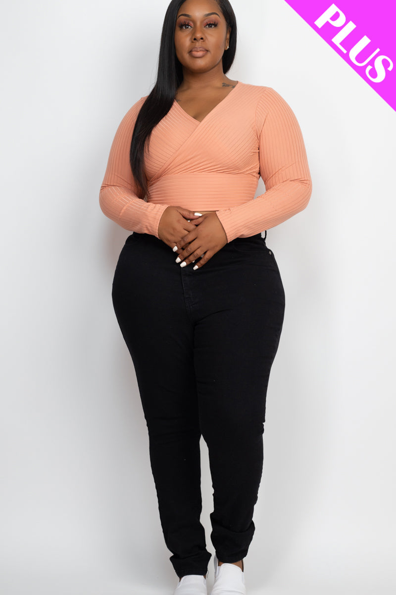Plus Size Ribbed Wrap Front Long Sleeve Top - Capella Apparel