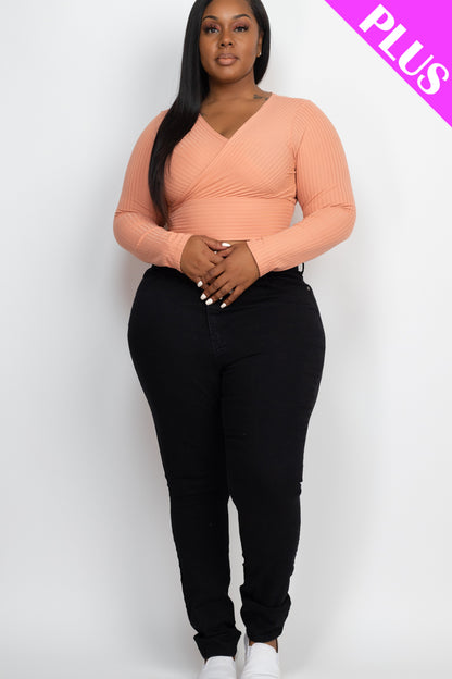 Plus Size Ribbed Wrap Front Long Sleeve Top - Capella Apparel