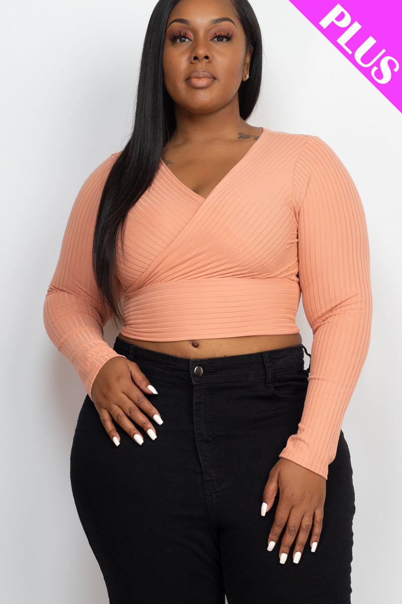 Plus Size Ribbed Wrap Front Long Sleeve Top - Capella Apparel