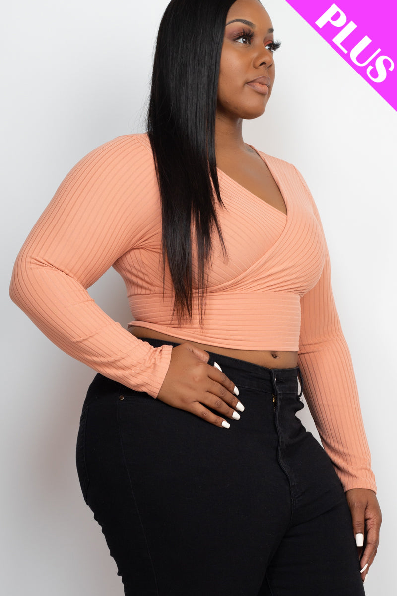 Plus Size Ribbed Wrap Front Long Sleeve Top - Capella Apparel