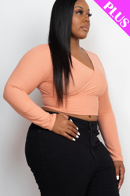 Plus Size Ribbed Wrap Front Long Sleeve Top - Capella Apparel