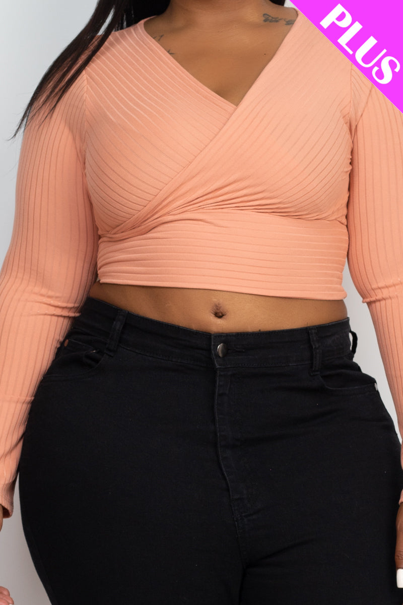 Plus Size Ribbed Wrap Front Long Sleeve Top - Capella Apparel