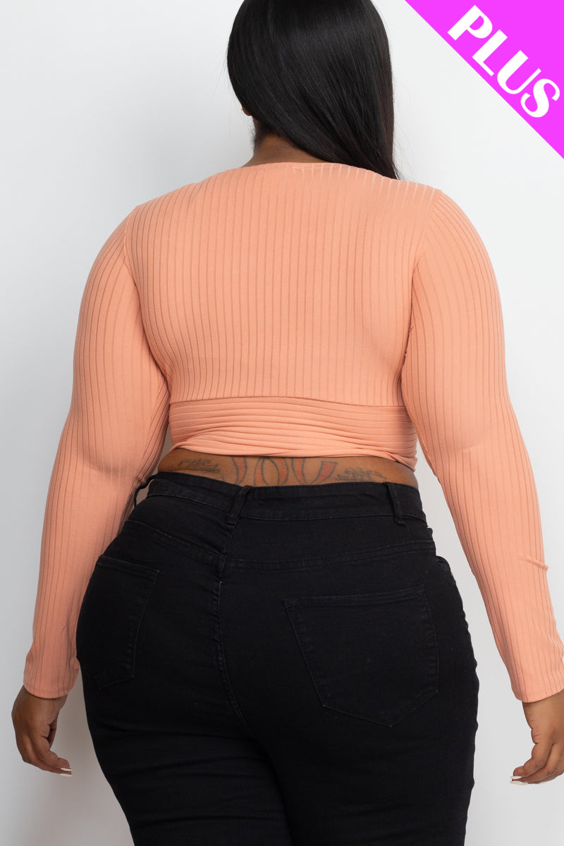 Plus Size Ribbed Wrap Front Long Sleeve Top - Capella Apparel