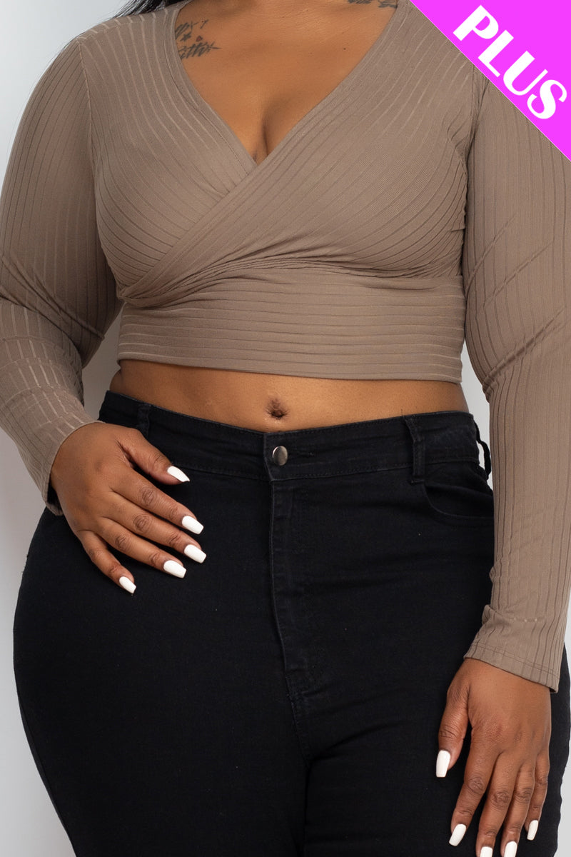 Plus Size Ribbed Wrap Front Long Sleeve Top (CAPELLA) - Capella Apparel