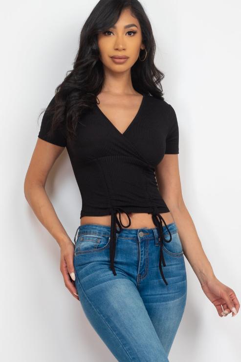 Ribbed Ruched Drawstring Surplice Top - Capella Apparel