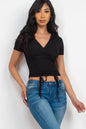 Ribbed Ruched Drawstring Surplice Top - Capella Apparel