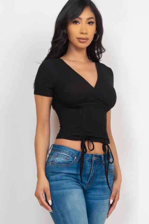 Ribbed Ruched Drawstring Surplice Top - Capella Apparel