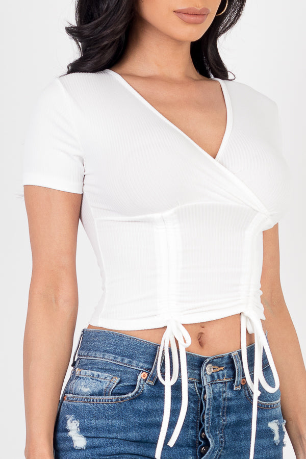 Ribbed Ruched Drawstring Surplice Top (CAPELLA) - Capella Apparel