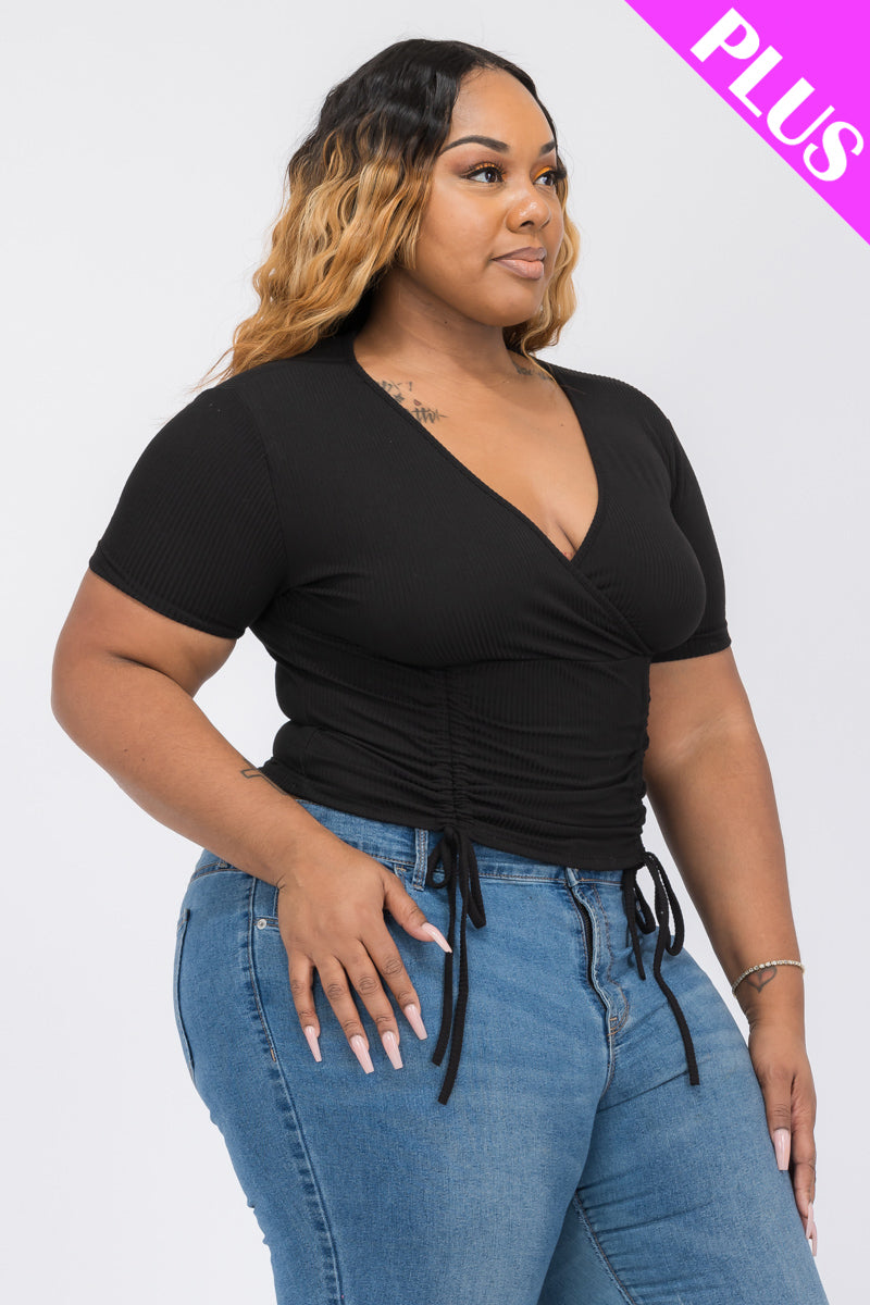 Plus Size Ribbed Ruched Drawstring Surplice Top - Capella Apparel