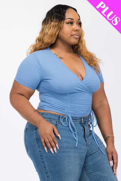 Plus Size Ribbed Ruched Drawstring Surplice Top - Capella Apparel