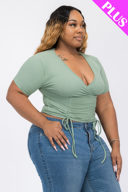 Plus Size Ribbed Ruched Drawstring Surplice Top - Capella Apparel