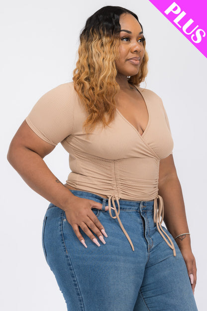 Plus Size Ribbed Ruched Drawstring Surplice Top - Capella Apparel