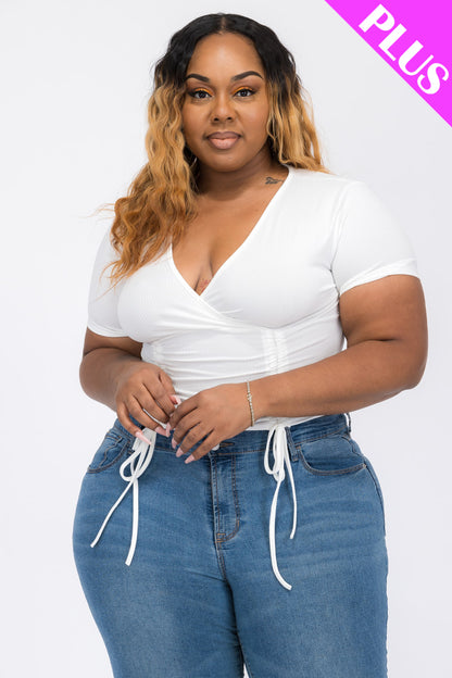 Plus Size Ribbed Ruched Drawstring Surplice Top - Capella Apparel