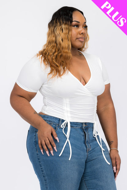 Plus Size Ribbed Ruched Drawstring Surplice Top - Capella Apparel