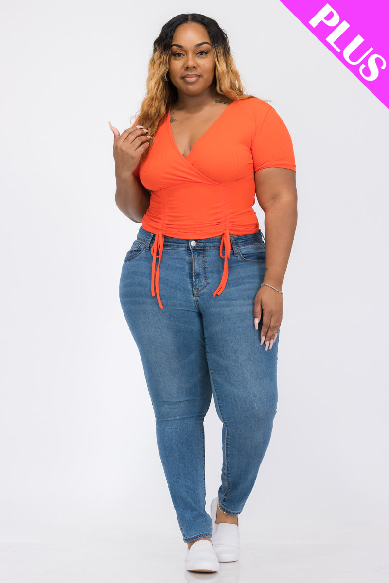 Plus Size Ribbed Ruched Drawstring Surplice Top - Capella Apparel