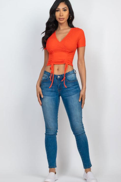 Ribbed Ruched Drawstring Surplice Top - Capella Apparel