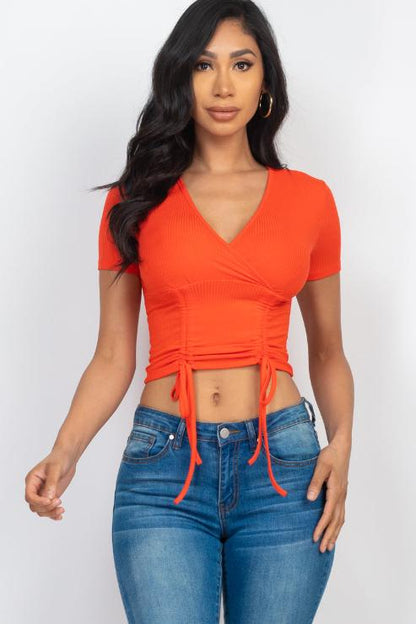 Ribbed Ruched Drawstring Surplice Top - Capella Apparel