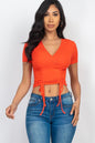 Ribbed Ruched Drawstring Surplice Top - Capella Apparel