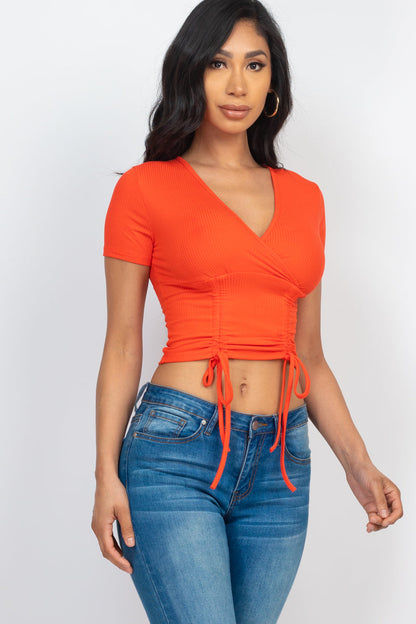 Ribbed Ruched Drawstring Surplice Top (CAPELLA) - Capella Apparel