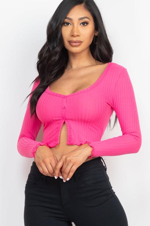 Ribbed Button Front Split Long Sleeve Top - Capella Apparel