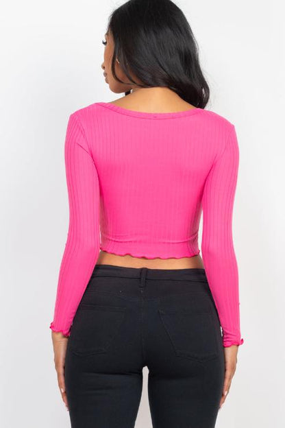 Ribbed Button Front Split Long Sleeve Top - Capella Apparel