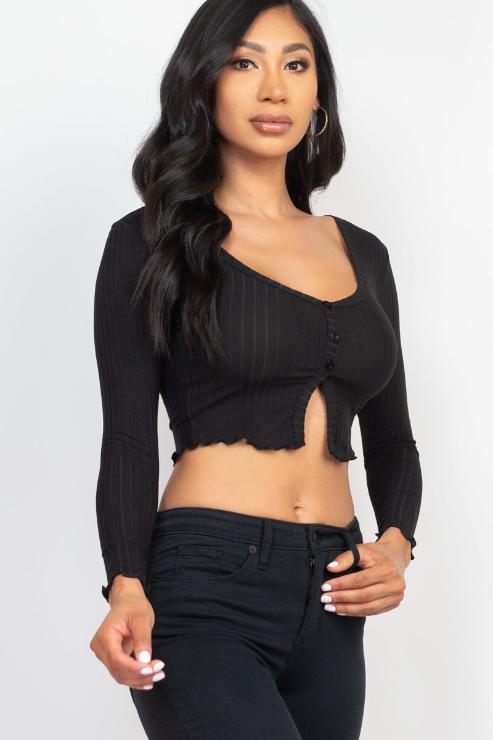 Ribbed Button Front Split Long Sleeve Top - Capella Apparel