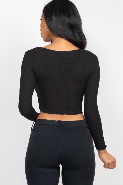 Ribbed Button Front Split Long Sleeve Top - Capella Apparel