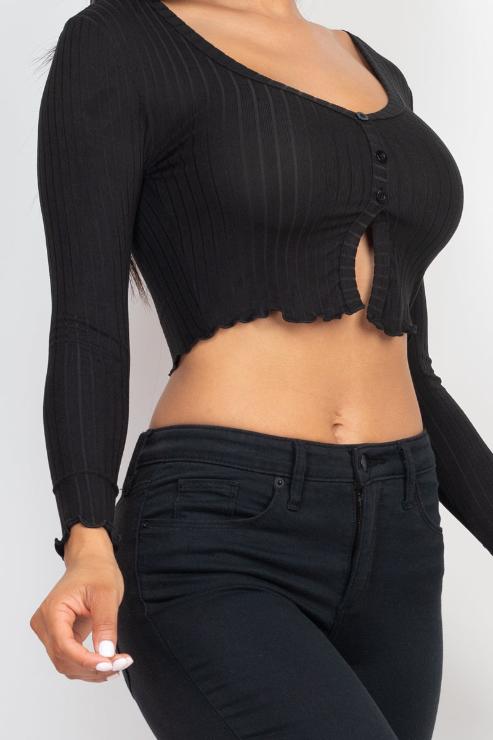 Ribbed Button Front Split Long Sleeve Top - Capella Apparel