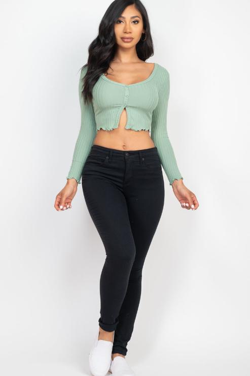 Ribbed Button Front Split Long Sleeve Top - Capella Apparel