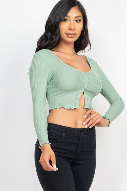 Ribbed Button Front Split Long Sleeve Top - Capella Apparel