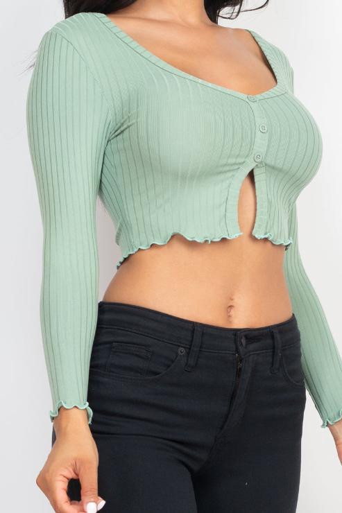 Ribbed Button Front Split Long Sleeve Top - Capella Apparel