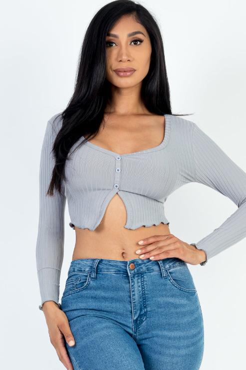 Ribbed Button Front Split Long Sleeve Top - Capella Apparel