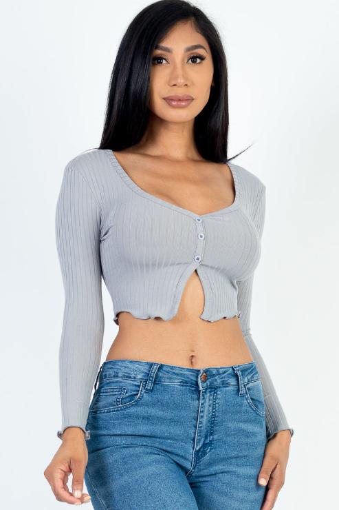 Ribbed Button Front Split Long Sleeve Top - Capella Apparel