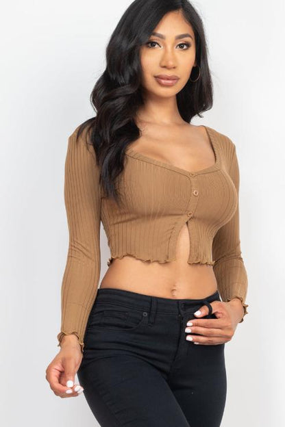 Ribbed Button Front Split Long Sleeve Top - Capella Apparel