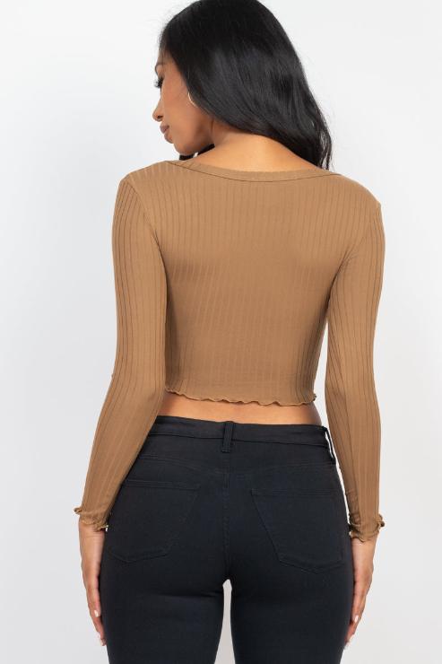 Ribbed Button Front Split Long Sleeve Top - Capella Apparel