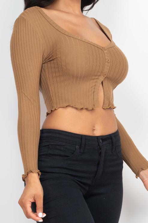 Ribbed Button Front Split Long Sleeve Top - Capella Apparel