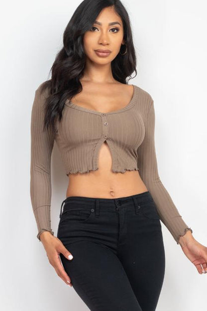 Ribbed Button Front Split Long Sleeve Top - Capella Apparel