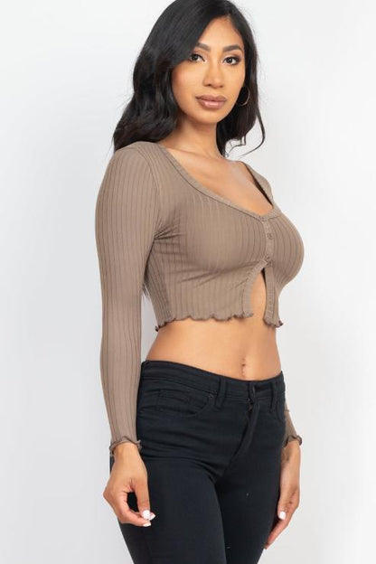 Ribbed Button Front Split Long Sleeve Top - Capella Apparel