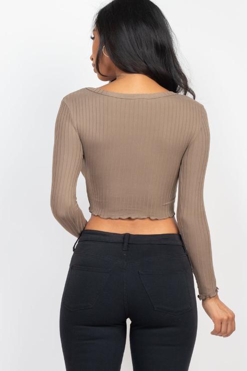 Ribbed Button Front Split Long Sleeve Top - Capella Apparel