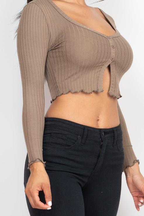 Ribbed Button Front Split Long Sleeve Top - Capella Apparel