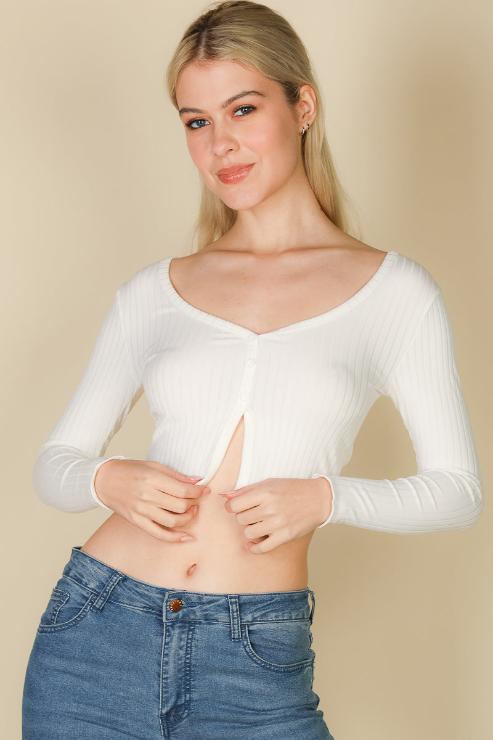 Ribbed Button Front Split Long Sleeve Top - Capella Apparel