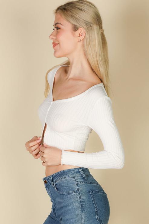 Ribbed Button Front Split Long Sleeve Top - Capella Apparel