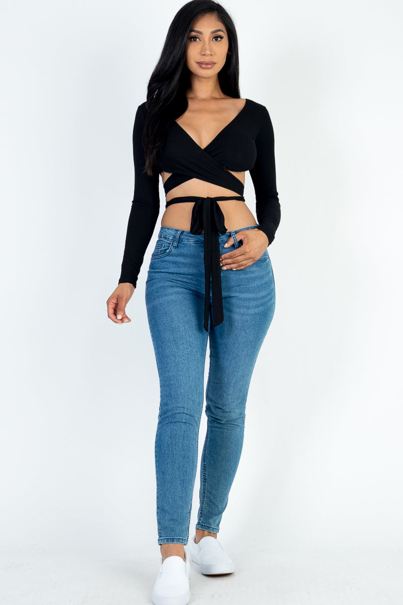 Cross Wrap Tie Front Rib Knit Crop Top - Capella Apparel